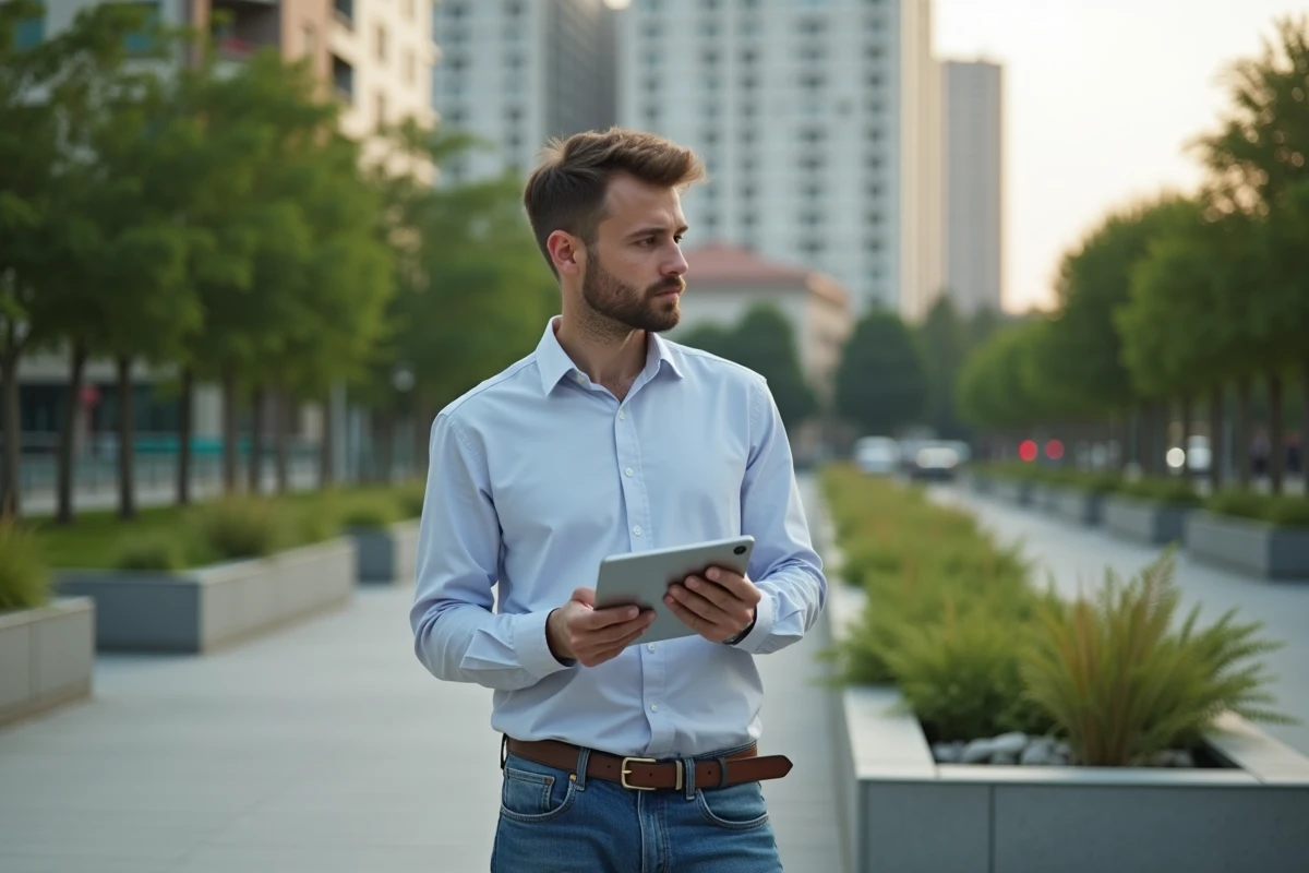 Jeune homme dans un parc urbain avec une tablette