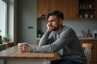 Jeune homme pensif dans une cuisine moderne