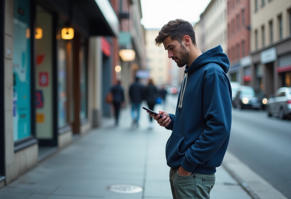 Jeune homme dans la rue regardant son téléphone