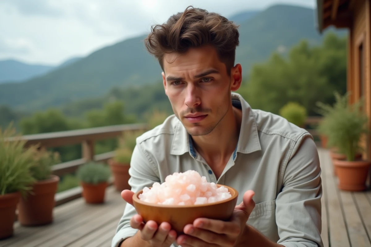 Jeune homme examinant sel rose dans bol en ext&eacute;rieur