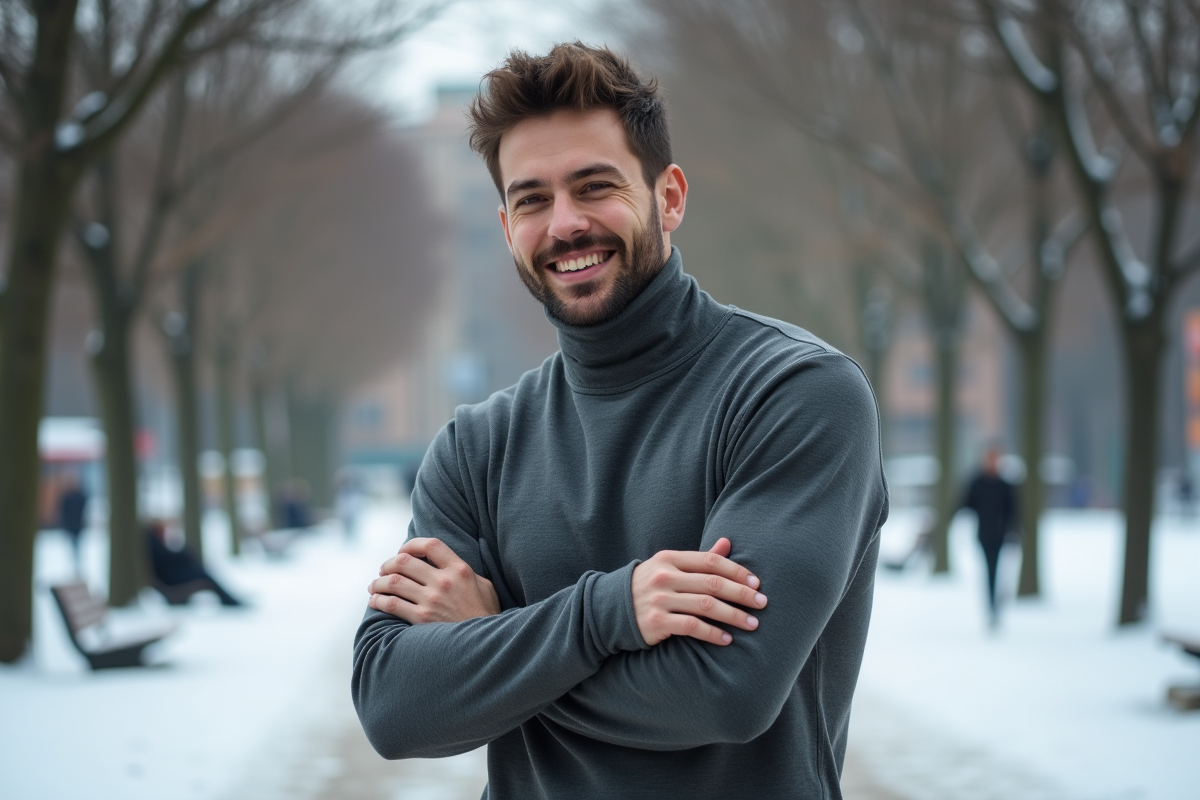Jeune homme en thermolactyl dans un parc enneige