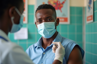 Jeune homme africain recevant un vaccin dans une clinique