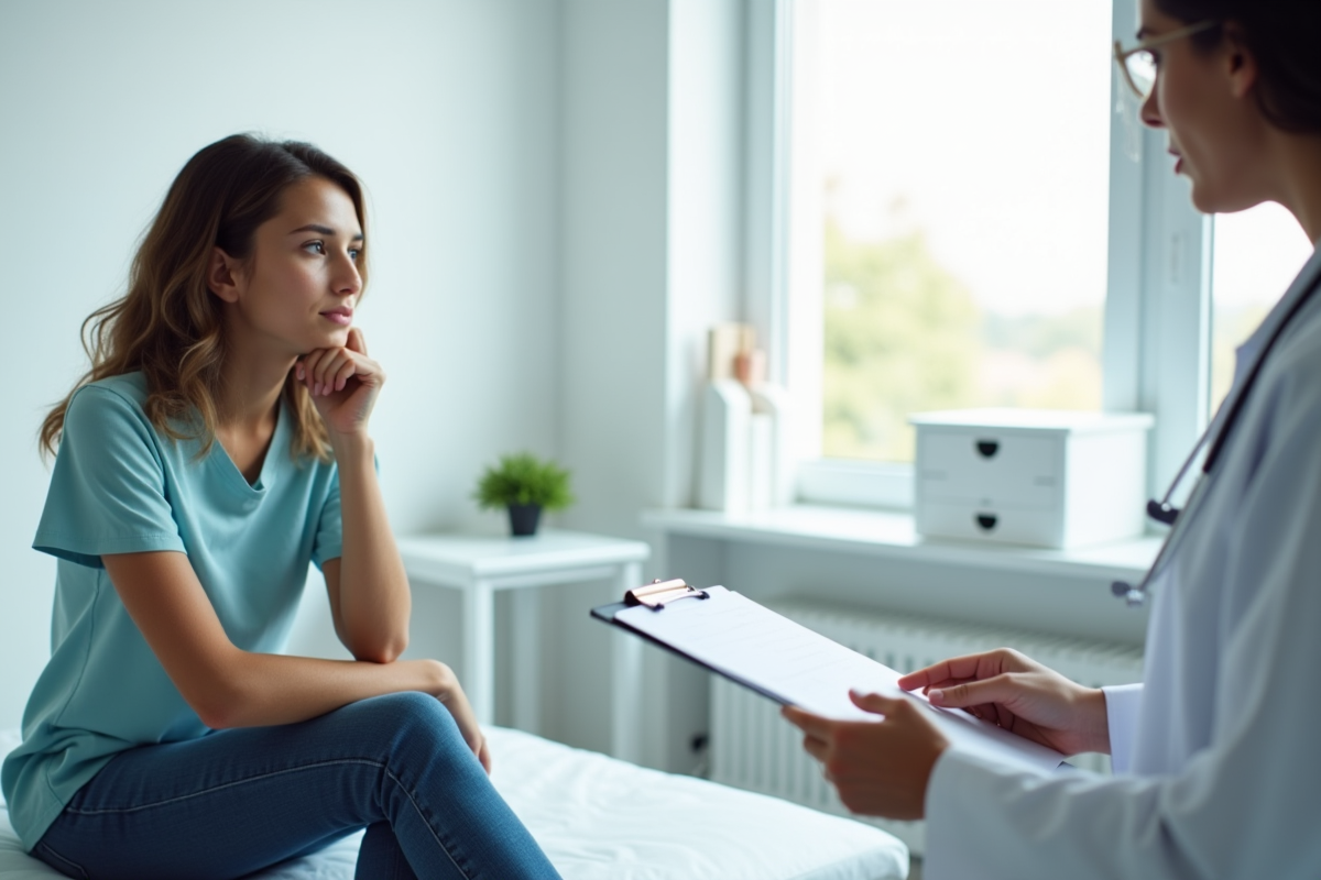 Jeune adulte pensif sur une table d'examen dans une clinique lumineuse