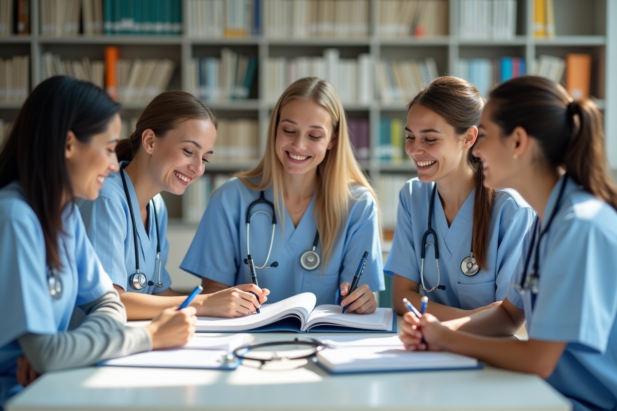 Groupe de jeunes medecins etudiants dans une bibliotheque lumineuse