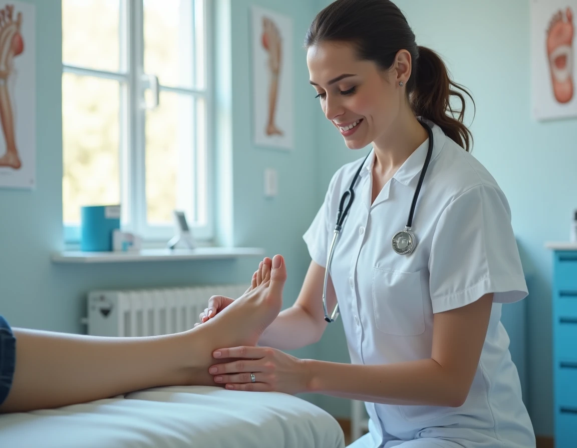 Kinésithérapeute examinant le talon d'un patient pour diagnostiquer une épine calcanéenne en cabinet médical