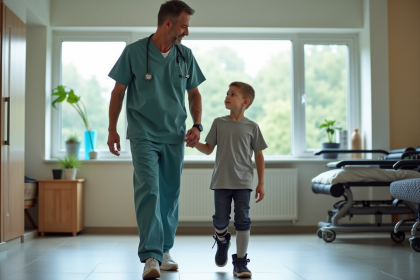 Kin&eacute;sith&eacute;rapeute aidant un enfant en r&eacute;&eacute;ducation