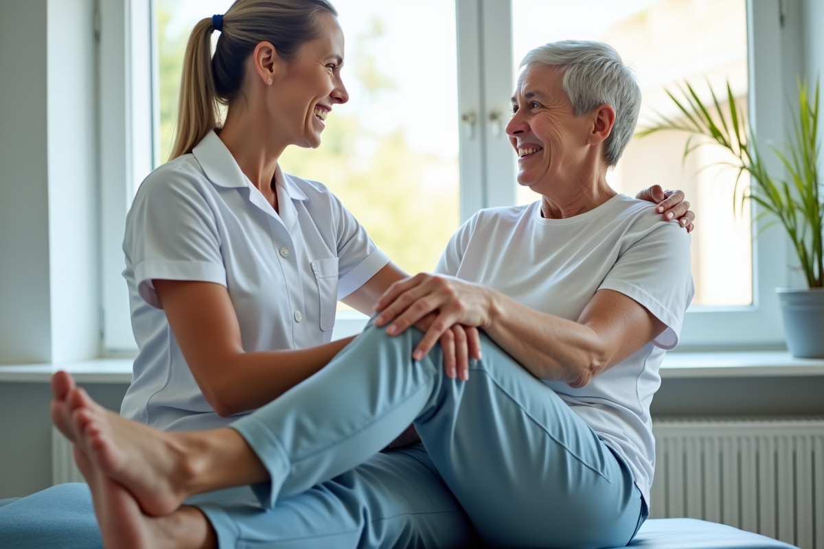 Kinésithérapeute aidant un patient avec des exercices de jambe dans une clinique lumineuse
