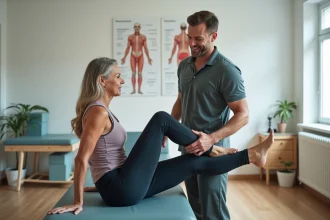 Kinésithérapeute aidant une femme âgée à s'étirer