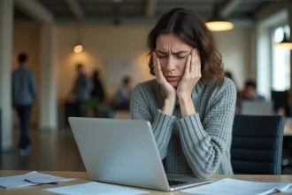 Femme en bureau tenant sa mâchoire avec une expression douloureuse liée au stress et à l'anxiété