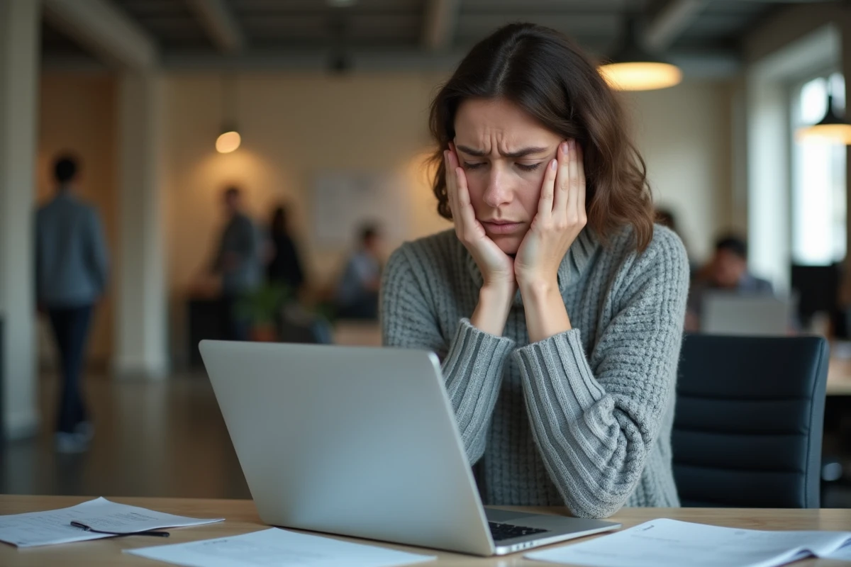 Femme en bureau tenant sa mâchoire avec une expression douloureuse liée au stress et à l'anxiété