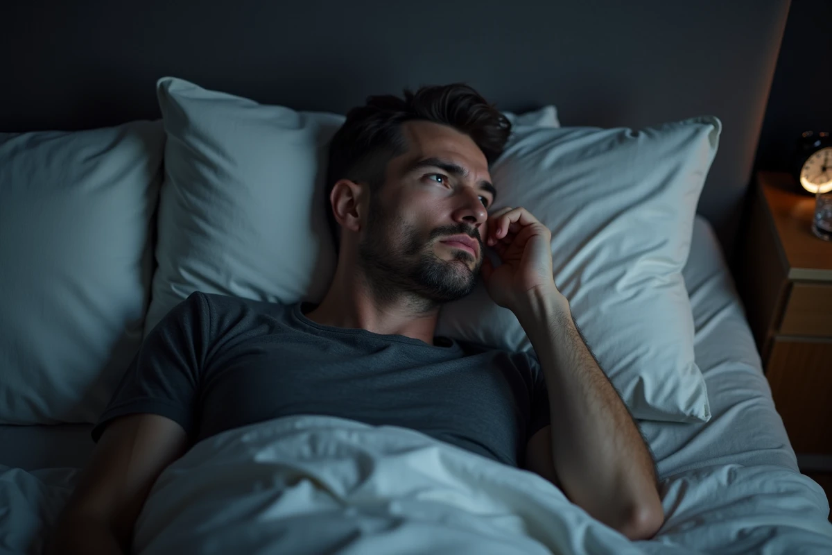 Homme allongé dans son lit la nuit, mâchoire crispée, illustrant le bruxisme nocturne lié au stress