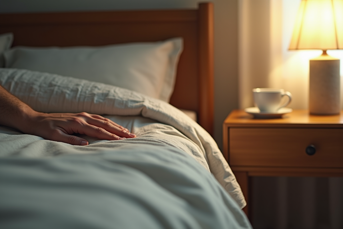 Main reposant sur un lit avec tisane et medicaments
