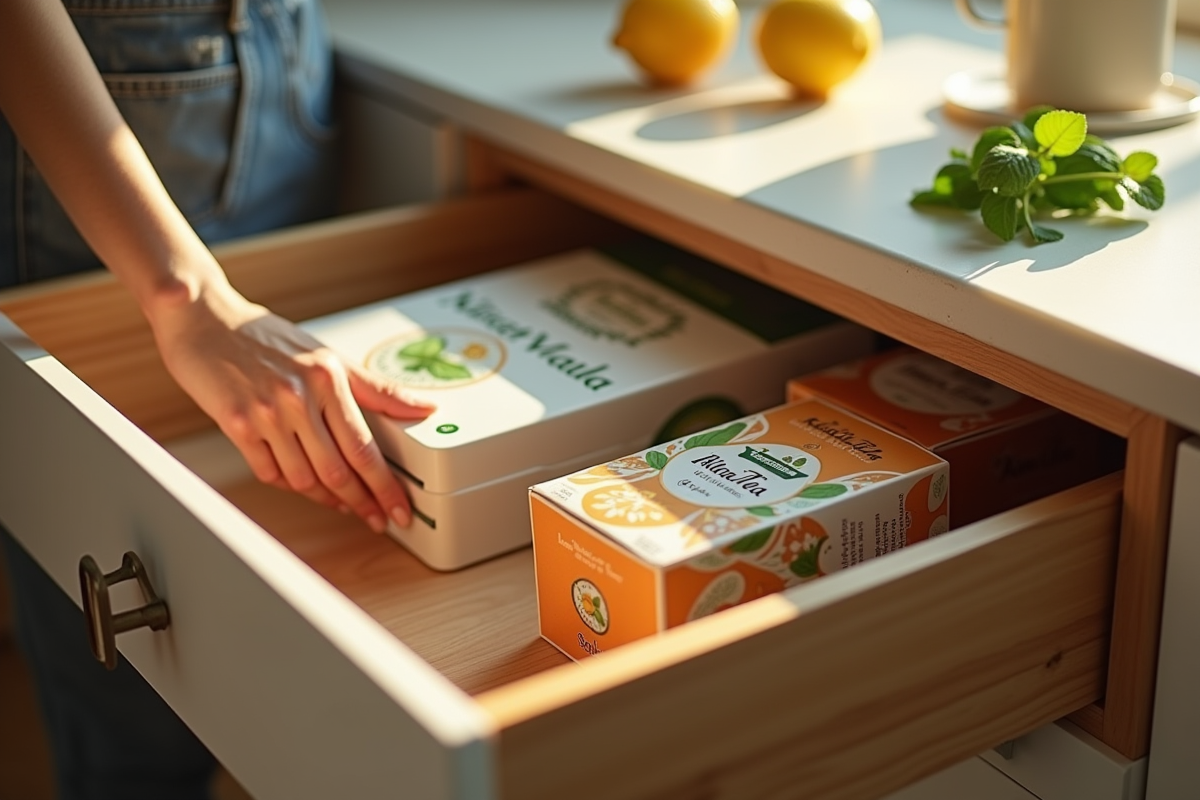 Main atteignant une boîte de thé dans une cuisine lumineuse