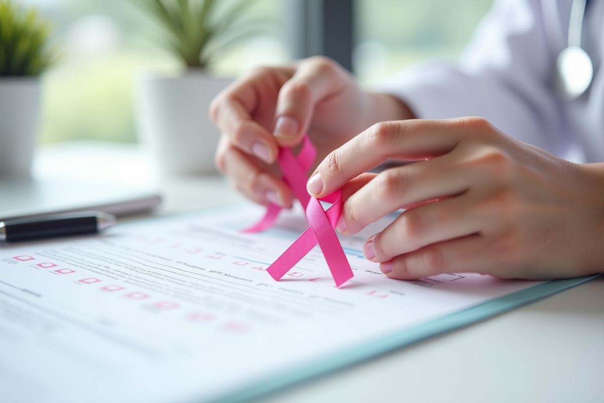 Mains posant un ruban rose et un rapport médical sur une table