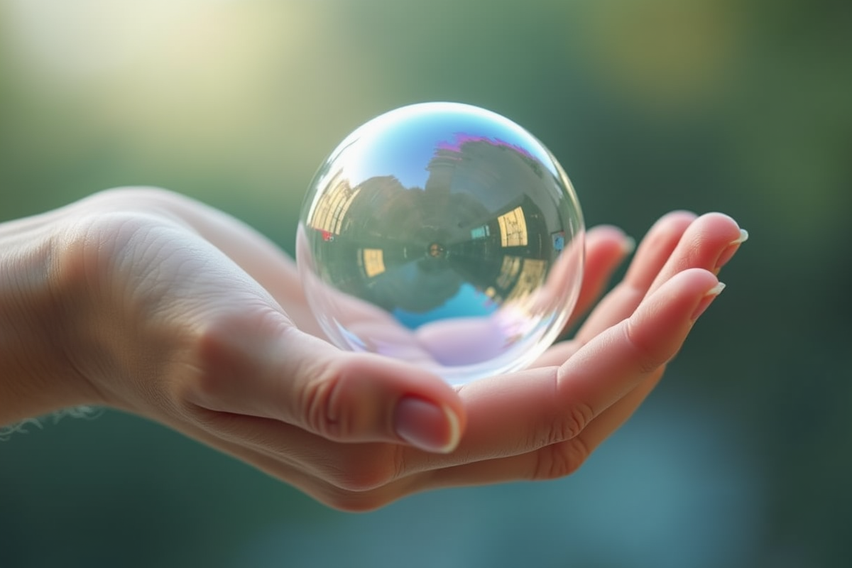 Main adulte tenant une bulle de savon fragile et brillante