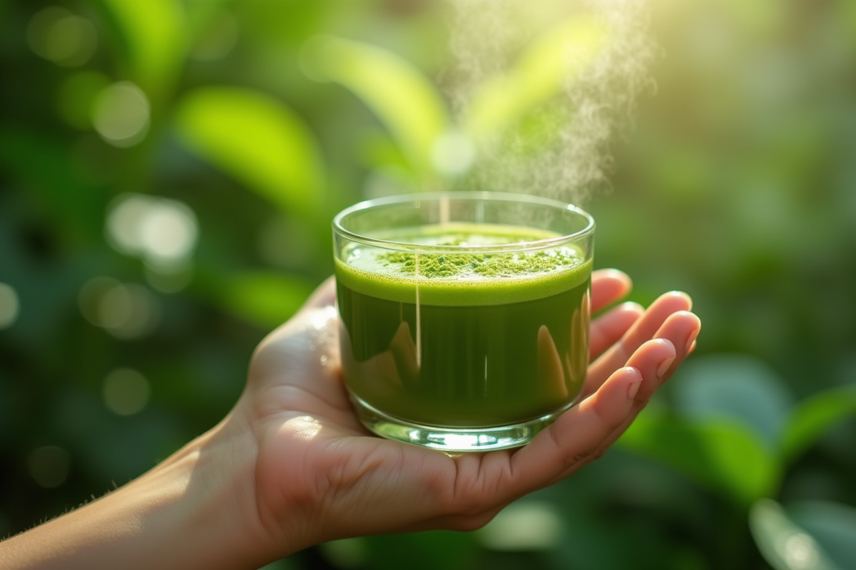 Main adulte tenant un verre de matcha vert en extérieur