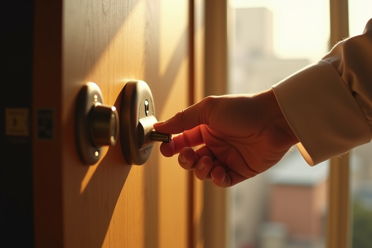 Main verrouillant une porte dans un appartement urbain lumineux