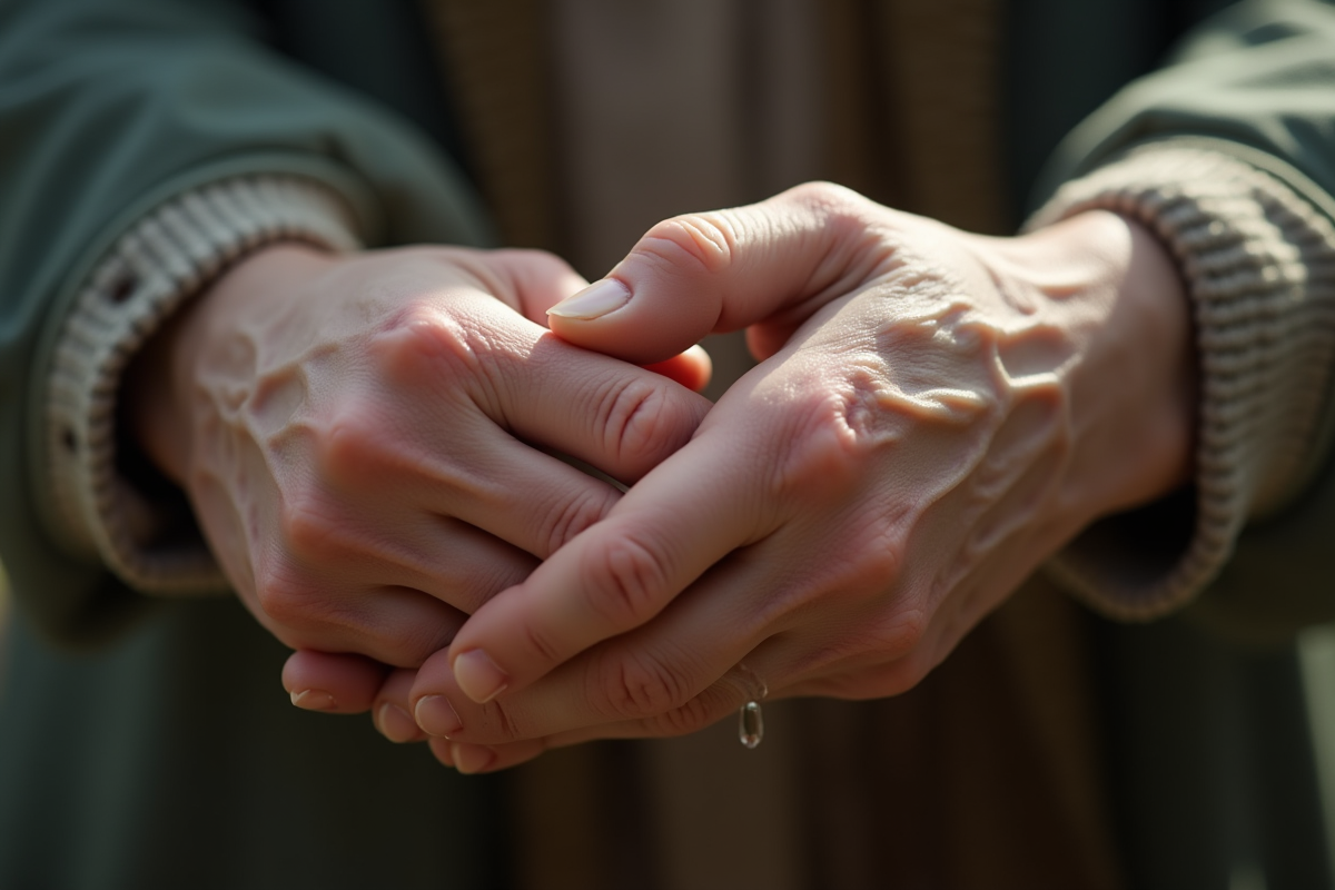 Mains d une personne agee et jeune se tenant avec larme visible