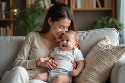 Jeune maman embrassant son bébé souriant dans un salon chaleureux