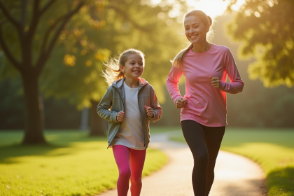 Maman et enfant courant dans un parc ensoleille avec sourires