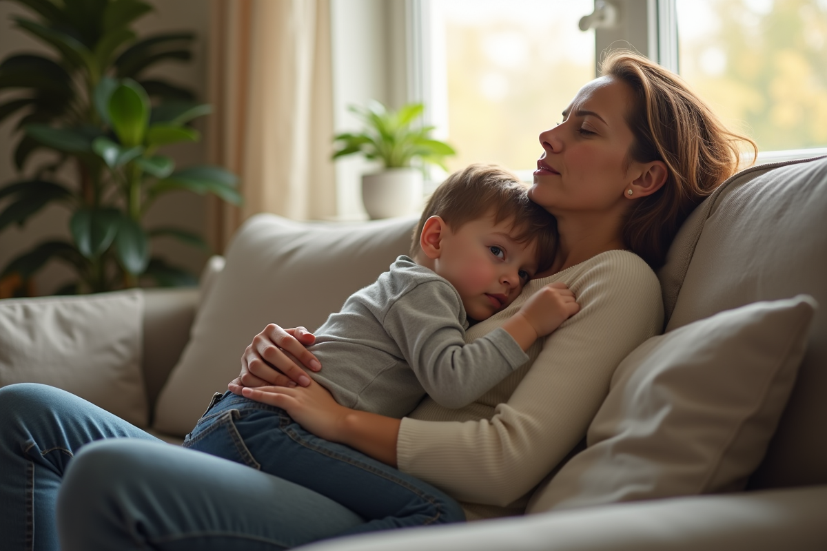 Femme inquiète avec son fils dans un salon lumineux