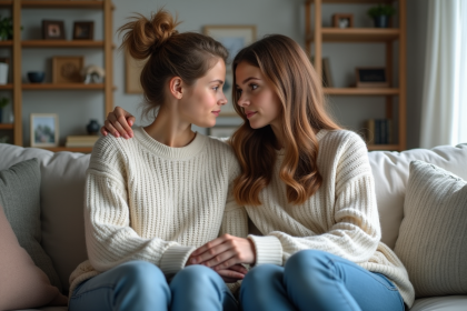 M&egrave;re et fille discutent chaleureusement sur un canap&eacute;