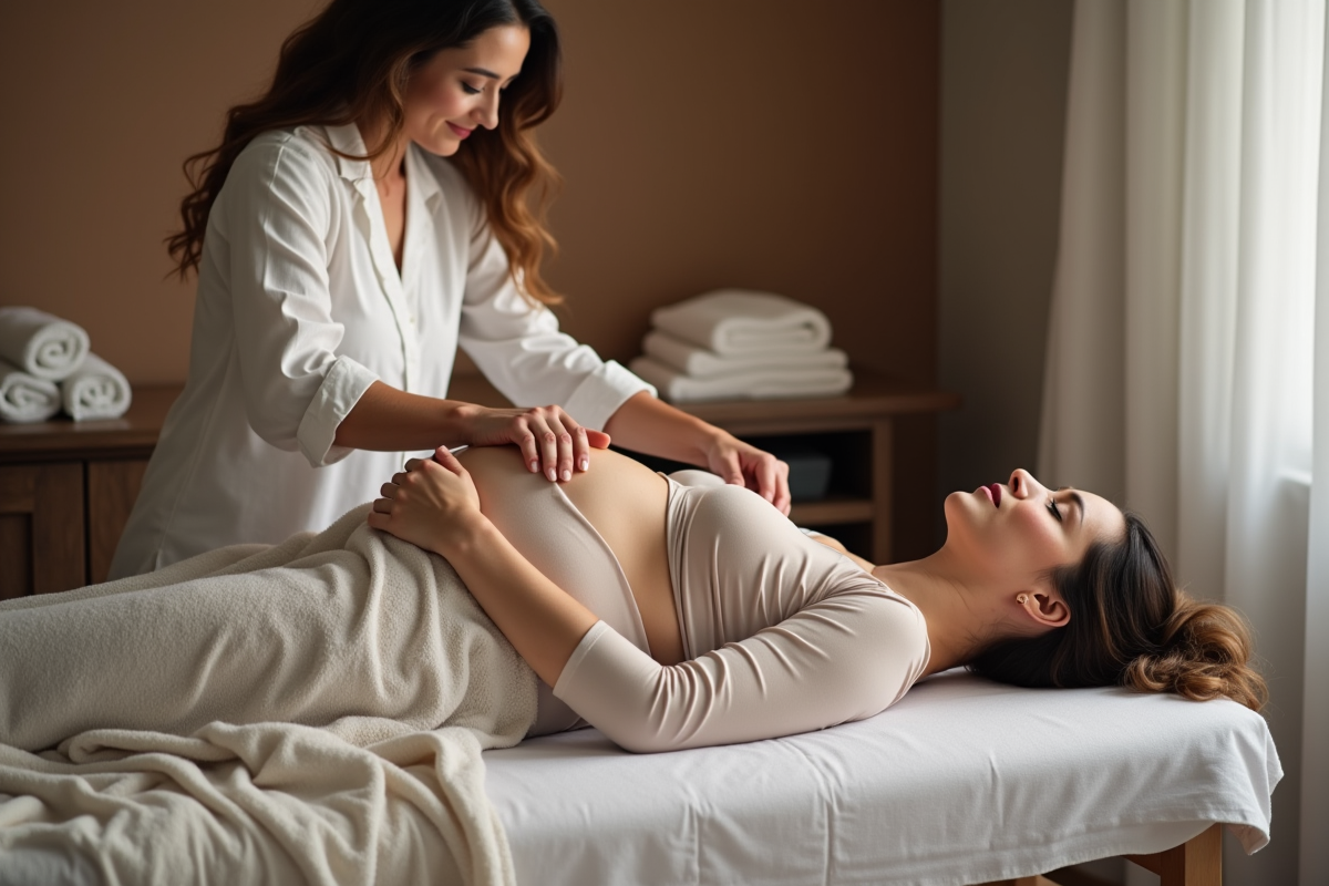 Maman relaxée recevant un soin avec un rebozo dans un studio