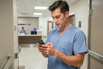 Médecin consultant l'application Madeformed sur smartphone dans un couloir d'hôpital moderne