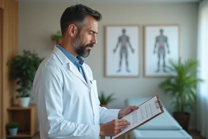 Médecin en blouse blanche examinant un dossier médical