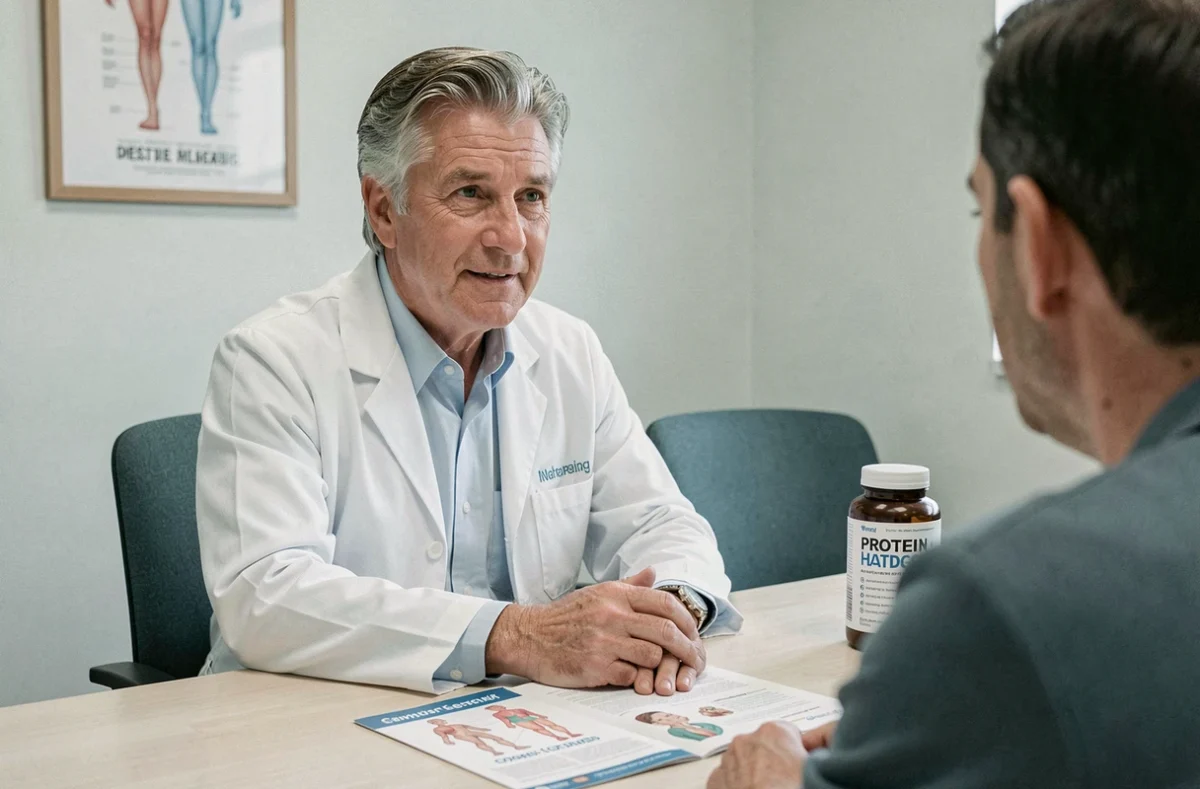 Médecin conseillant un patient sur les effets secondaires des protéines en complément alimentaire en cabinet médical