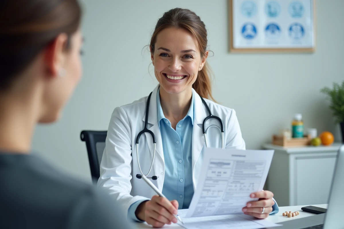 Médecin généraliste en consultation expliquant un suivi médical lié au cortisol et au burn-out avec des compléments alimentaires