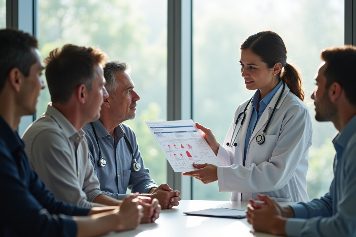 Medecin cardiologue expliquant les symptomes à un groupe de patients en consultation