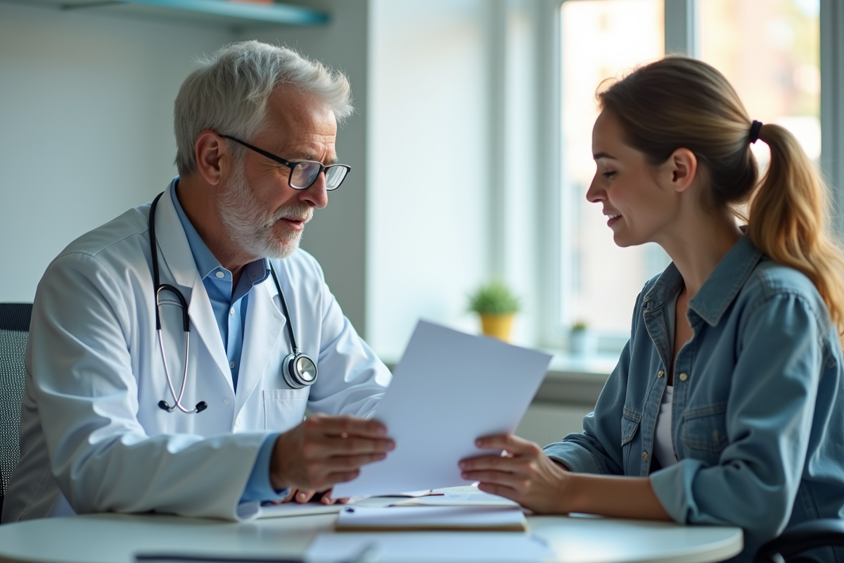Médecin en blanc explique documents d'assurance santé à une jeune femme