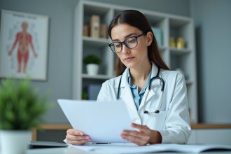 Médecin femme en blouse blanche étudiant un dossier médical