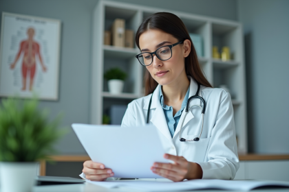 Médecin femme en blouse blanche étudiant un dossier médical