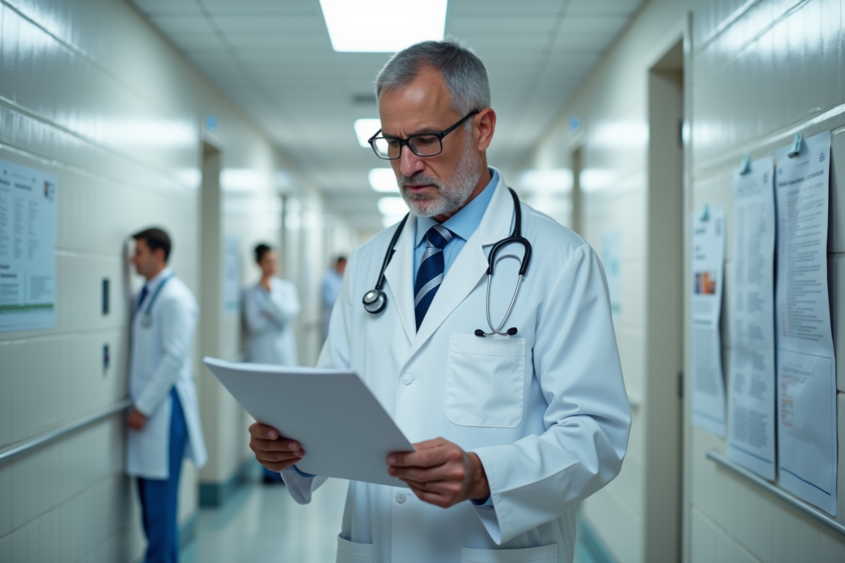 Medecin homme examine un dossier dans un couloir hospitalier
