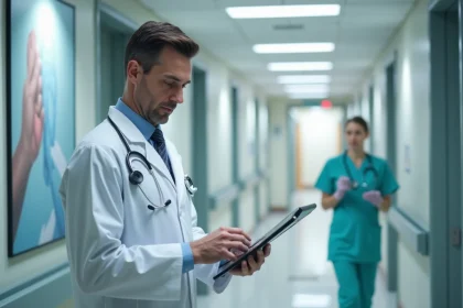 Medecin en blouse blanche consulte dossier patient sur tablette