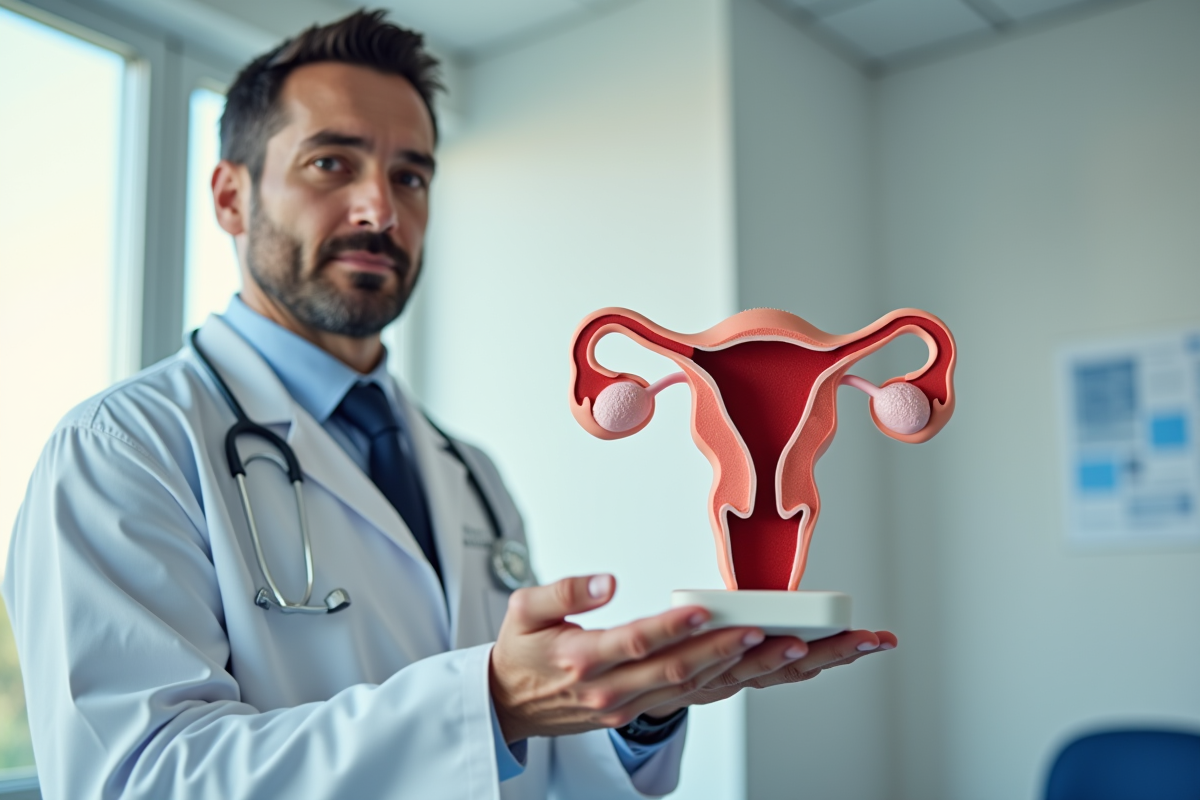 Medecin montrant un modele anatomique du systeme reproducteur masculin