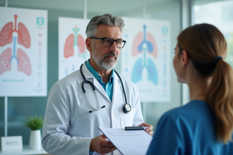 Médecin préoccupé parlant à un patient dans un cabinet moderne