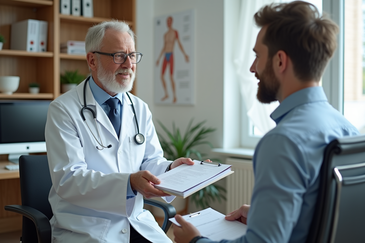 Medecin généraliste remettant un dossier à un patient dans un cabinet