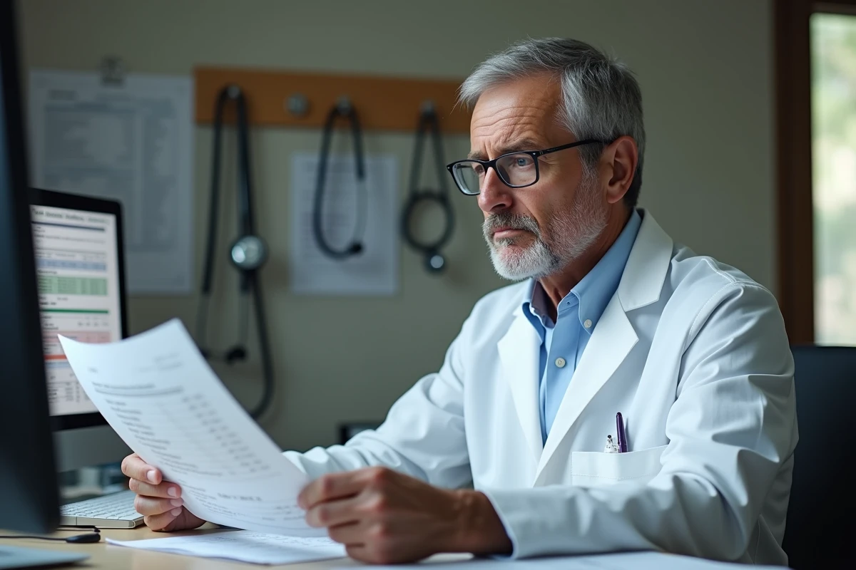 Médecin hématologue analysant des résultats d'analyses sanguines avec taux de TCMH élevé et macrocytose sur son bureau