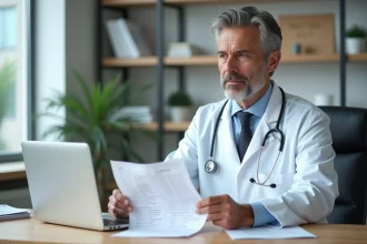Médecin consultant des résultats d'analyses de transaminases dans un cabinet médical moderne