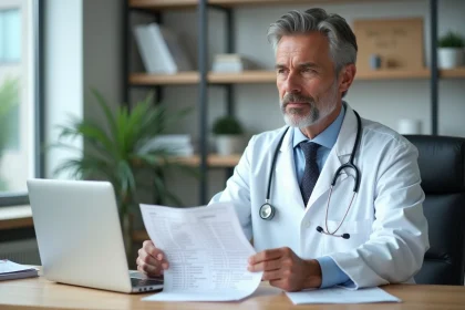 Médecin consultant des résultats d'analyses de transaminases dans un cabinet médical moderne