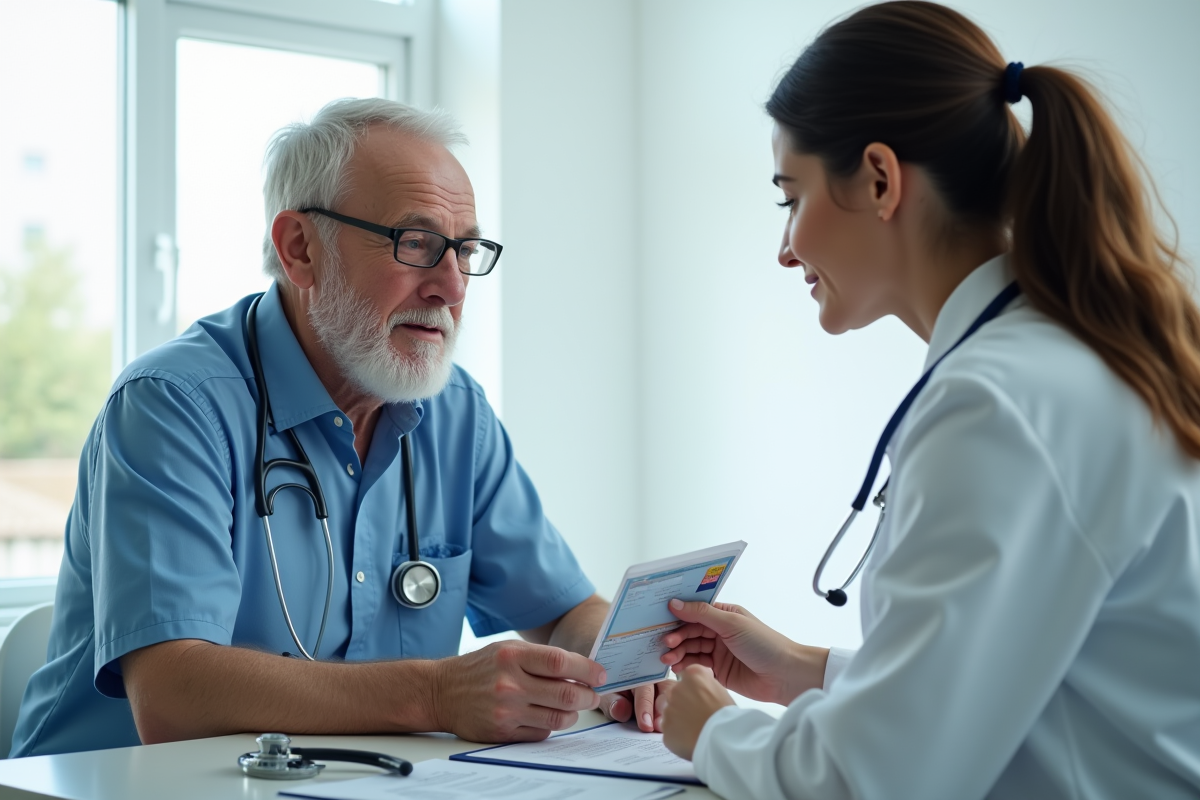 Un homme age parle avec une medecin dans un bureau lumineux