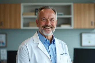 Médecin spécialiste homme en blouse blanche dans un bureau belge