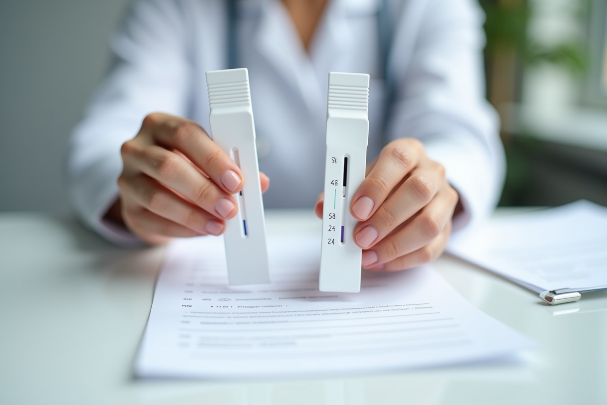 Mains d'une femme médecin tenant deux tests de grossesse