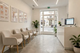 Salle d'attente moderne d'un cabinet orthodontique dans le Rhône avec mobilier blanc épuré et plantes vertes