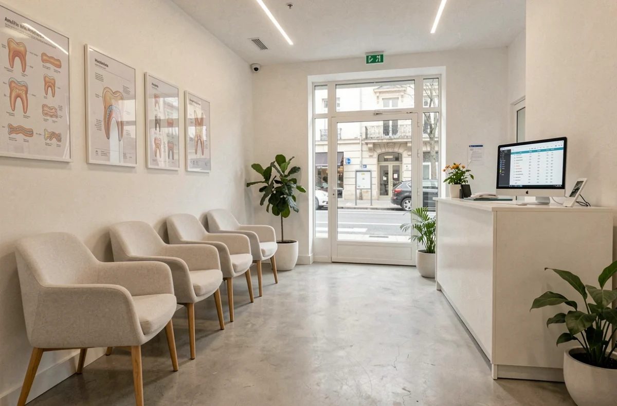 Salle d'attente moderne d'un cabinet orthodontique dans le Rhône avec mobilier blanc épuré et plantes vertes