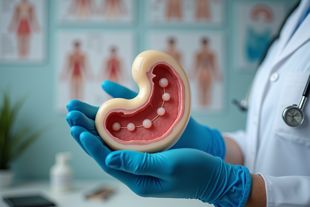 Main d’un professionnel médical tenant un modèle anatomique du foetus