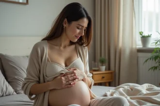 Jeune femme soulagée une douleur liée à la montée de lait sans allaitement, assise sur un lit dans une chambre apaisante